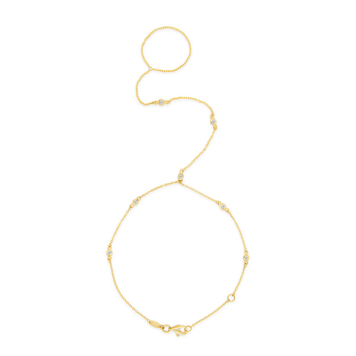 14K Yellow Gold Hand Chain 7 Round Bezel Diamond Bracelet