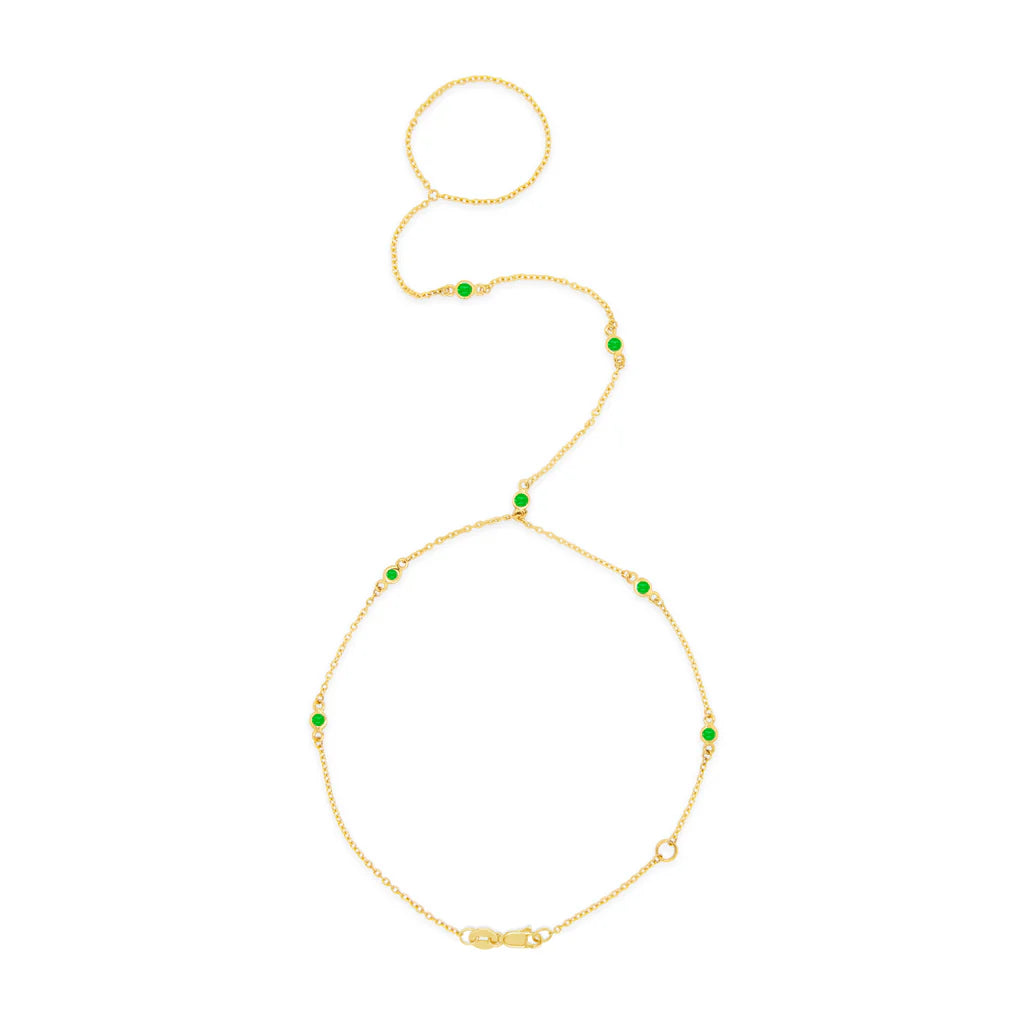 14K Yellow Gold Hand Chain Round Bezel Emerald Bracelet