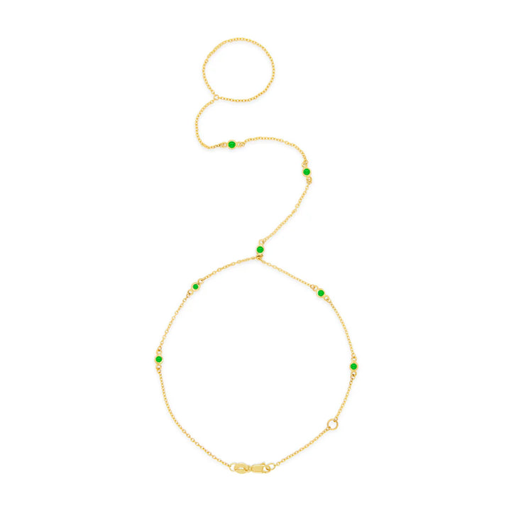 14K Yellow Gold Hand Chain Round Bezel Emerald Bracelet