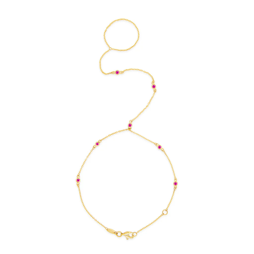 Yellow Gold Hand Chain Round Bezel Ruby Bracelet