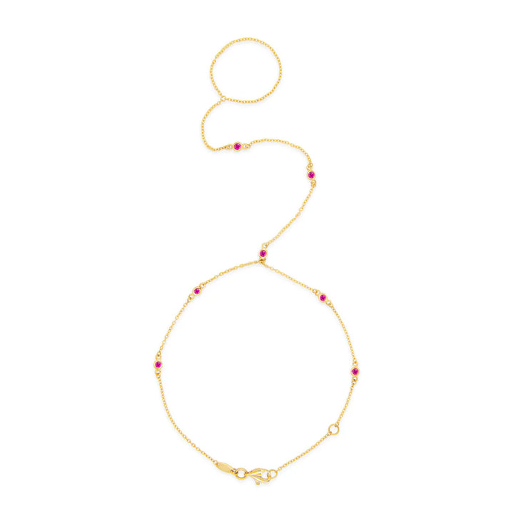 Yellow Gold Hand Chain Round Bezel Ruby Bracelet