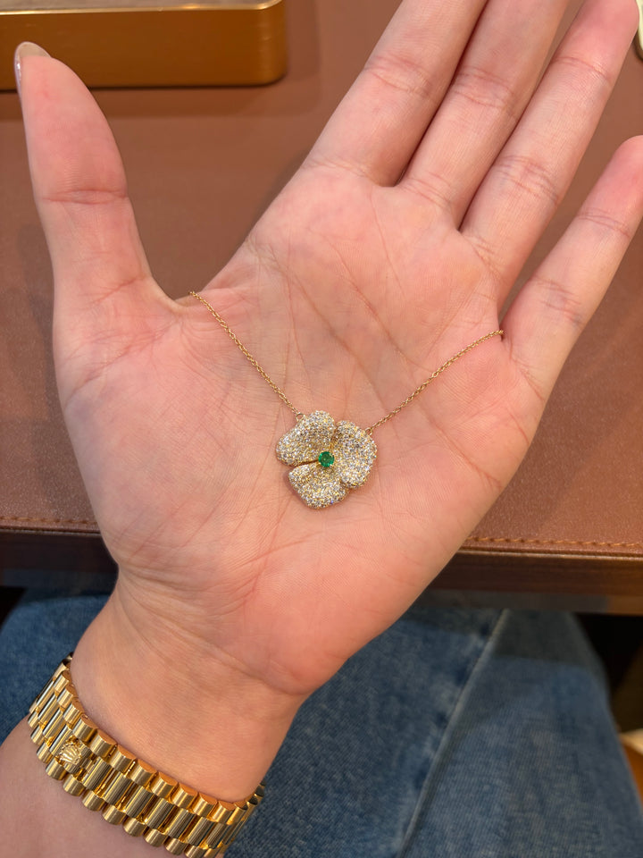 14K Yellow Gold Diamond and Emerald Fancy Flower Necklace