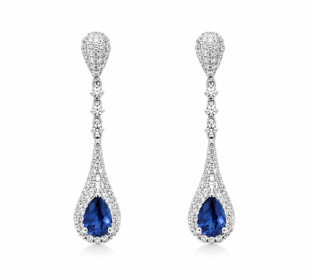14K White Gold Fine Jewelry Diamonds and Sapphire Drop Earring Pushbacks
