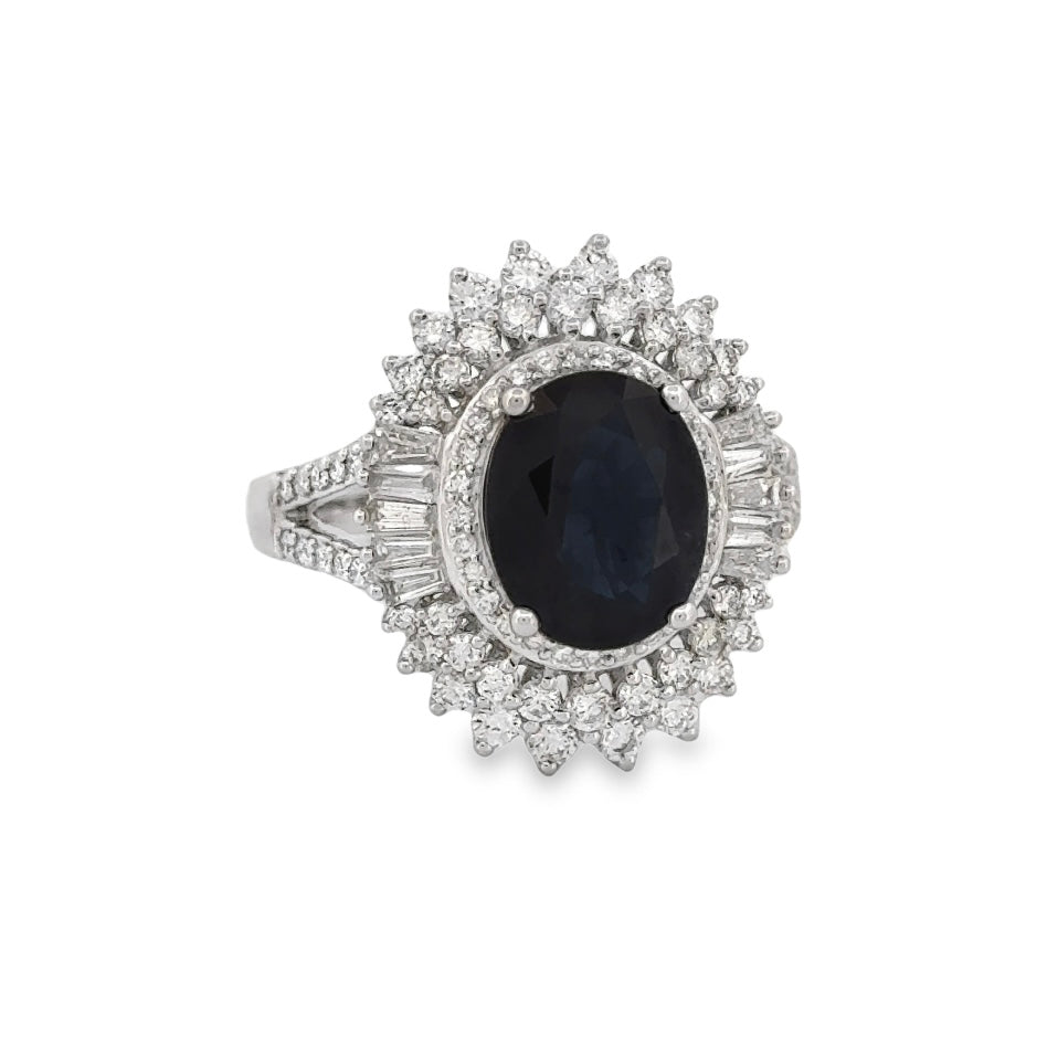 1.00 CT + S3.00 Ct Princess Diana Inspired Blue Sapphire Ring with Diamonds (by orders only)