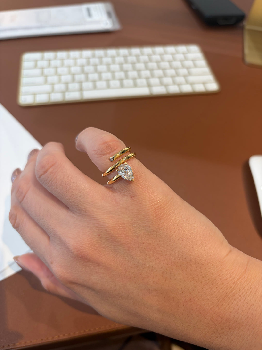 18K Yellow Gold  Lab Diamond Pear Cut 3 Rows Ring