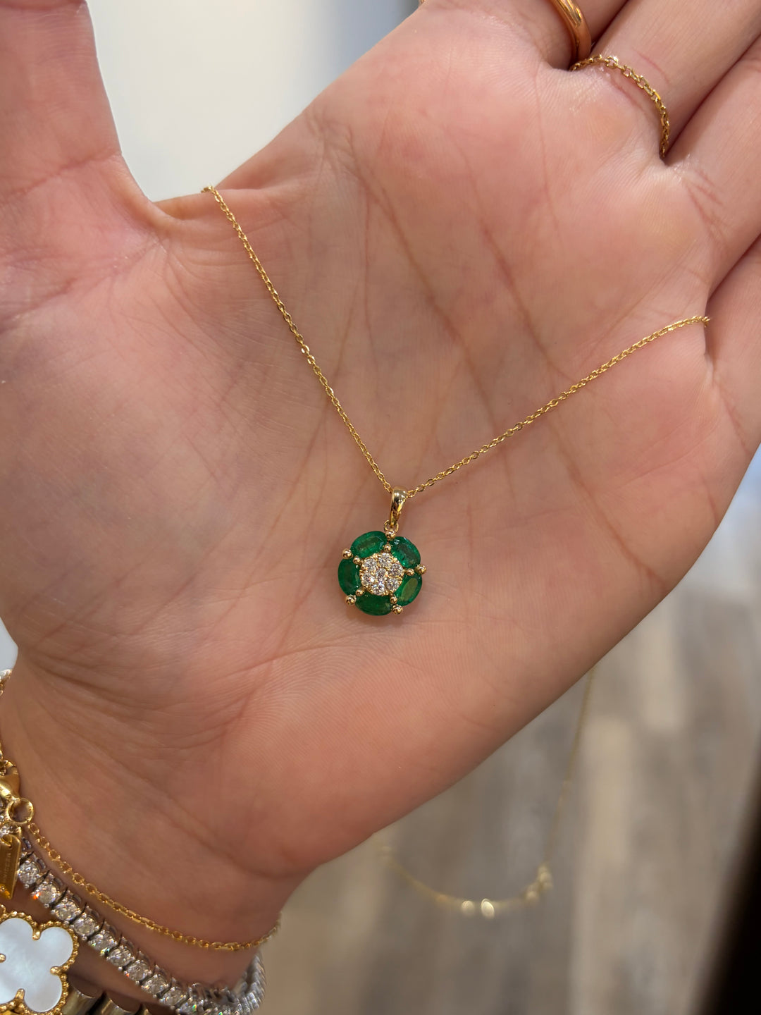 14K Yellow Gold Diamond and Oval Emerald Flower Necklace