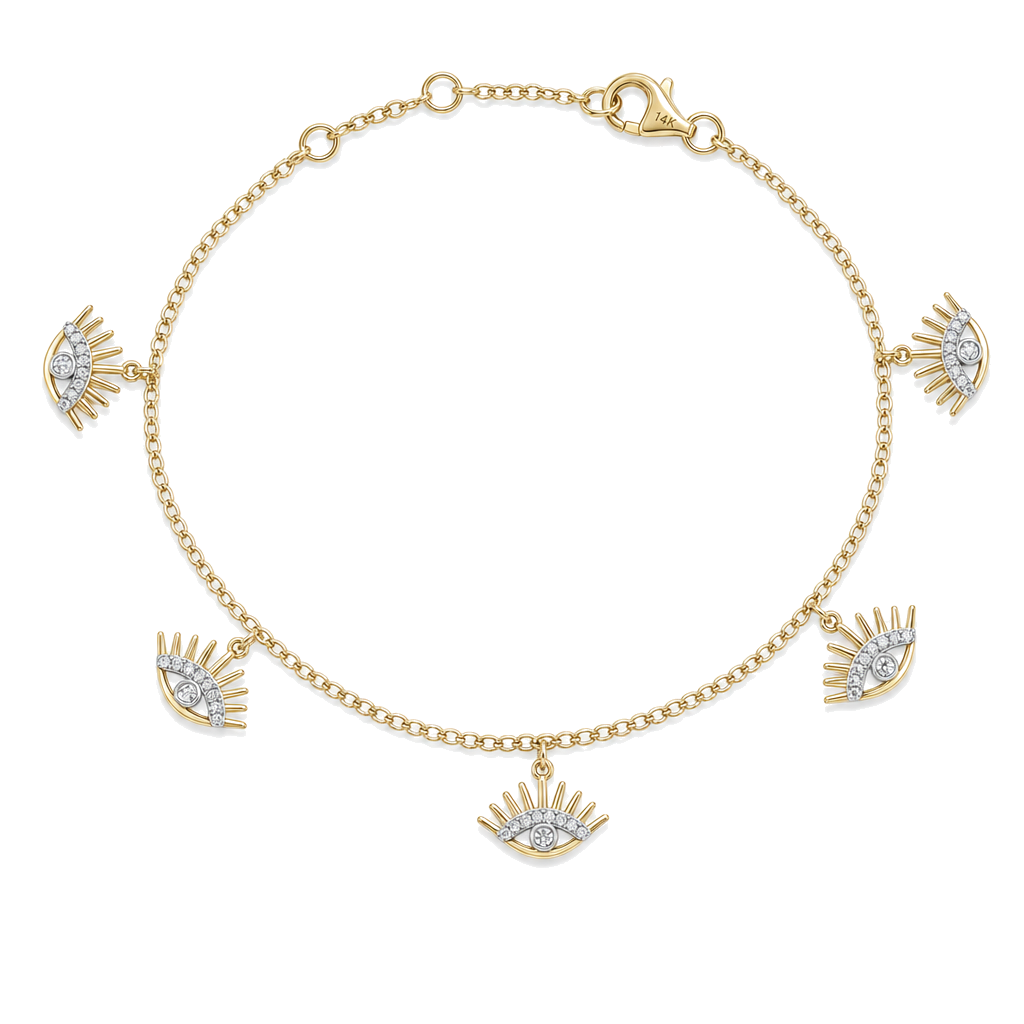 14K Yellow Gold and Diamonds Evil Eye Charms Bracelet