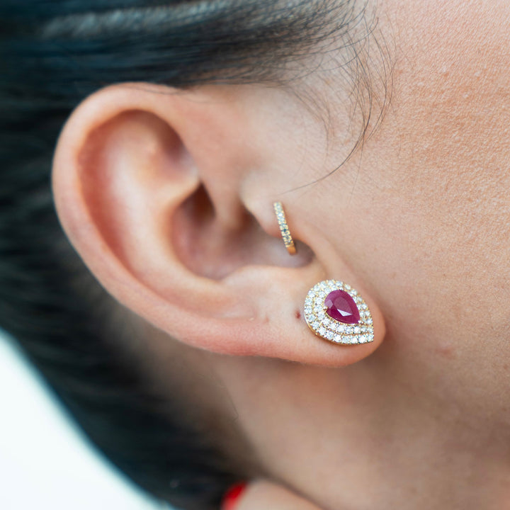 14K Pear Ruby yellow gold and diamonds Earrings pushbacks