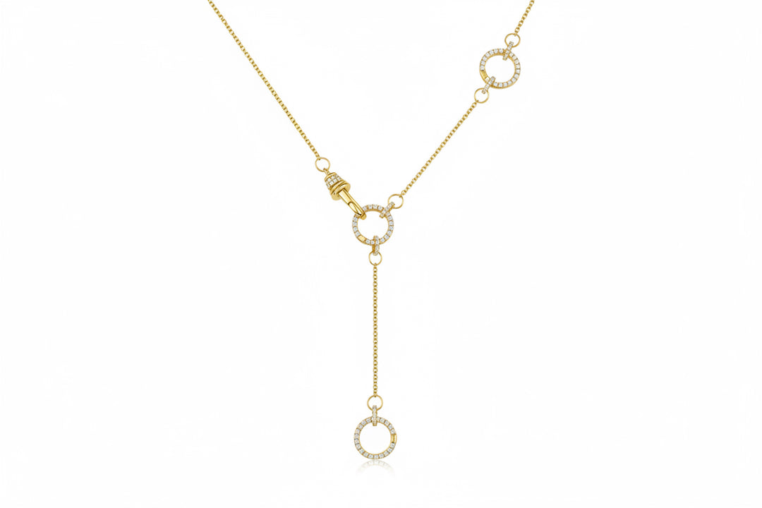 14K Yellow Gold and Diamonds Interlocking O-Ring Lariat Strand Necklace