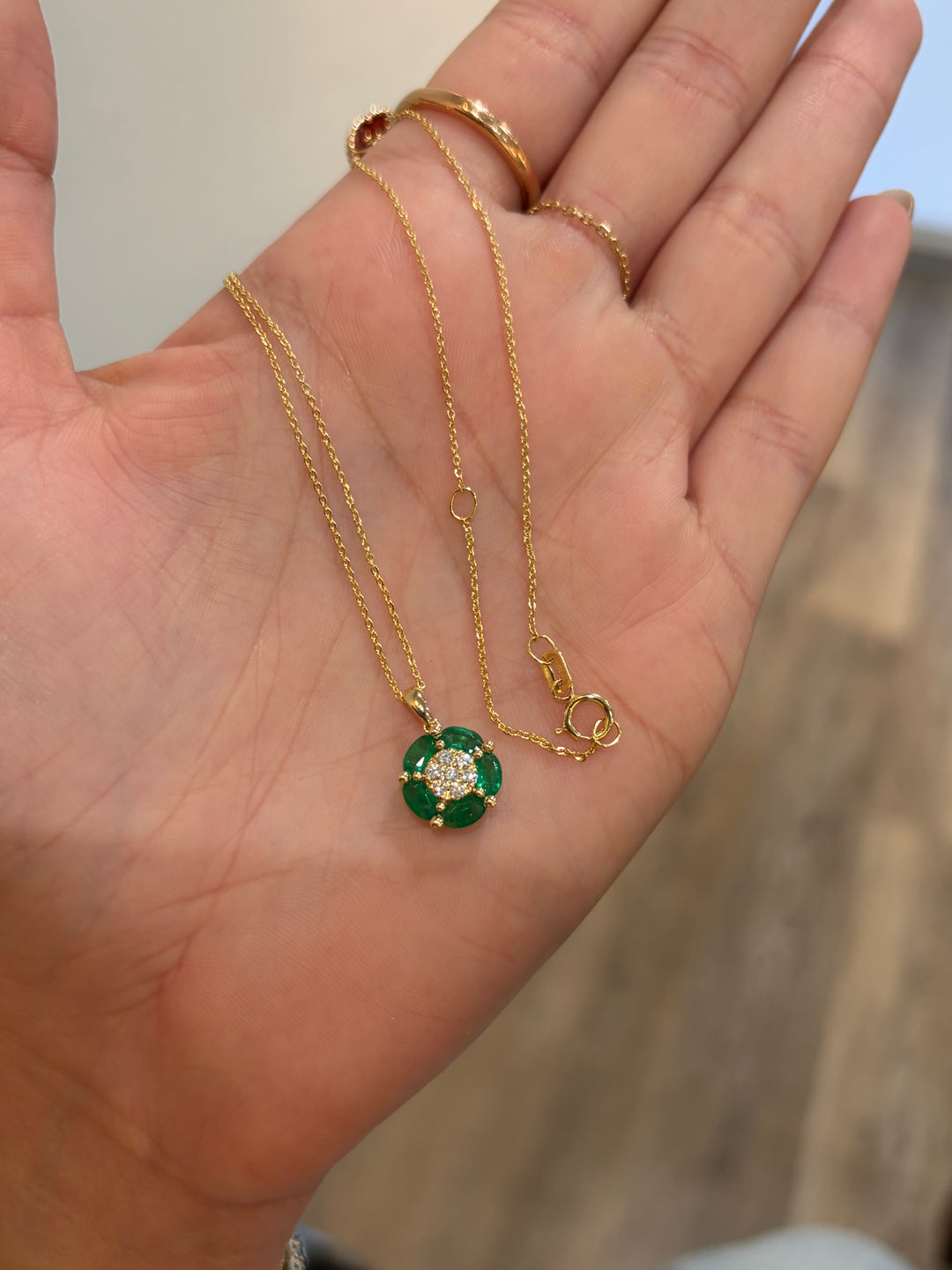 14K Yellow Gold Diamond and Oval Emerald Flower Necklace