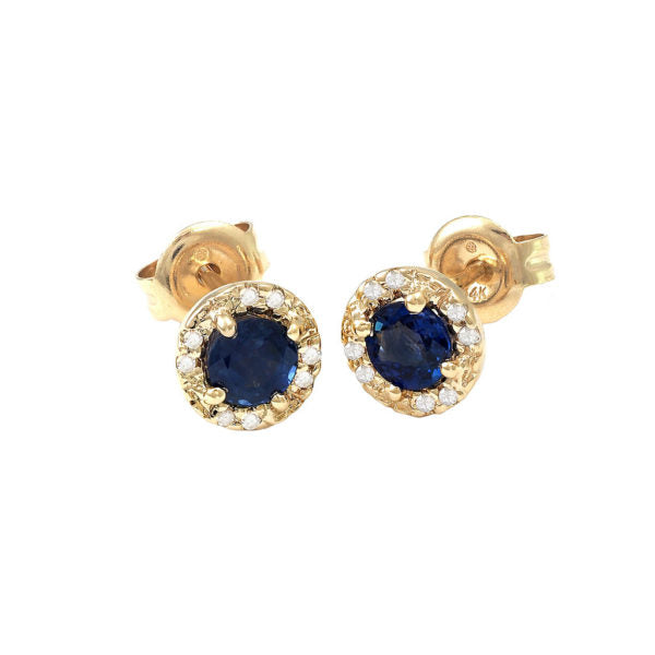 14K Yellow Gold Halo Round Prong Sapphire Earring Pushbacks