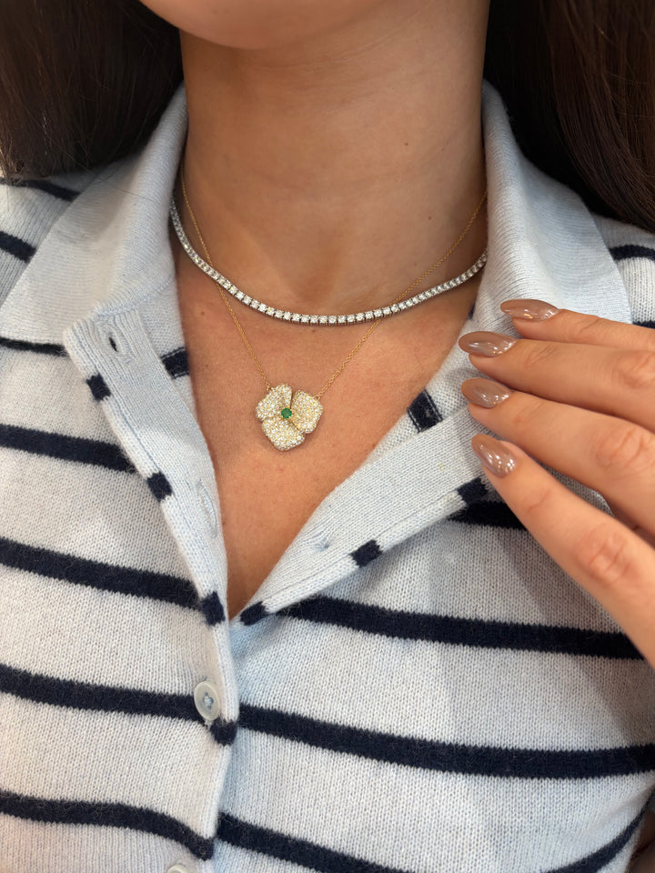 14K Yellow Gold Diamond and Emerald Fancy Flower Necklace