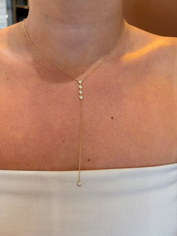 14K Yellow Gold Round Bezel Lariat Diamond Necklace