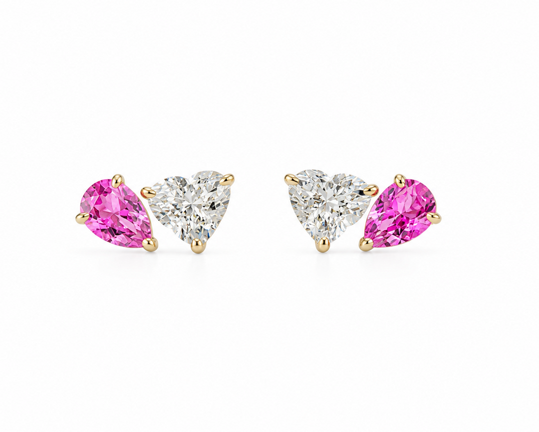 14K Yellow Gold Lab Pink Sapphire Lab Diamond Earrings Pushbacks ( Toi et Moi )