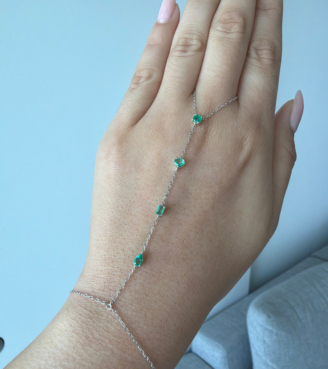18K White Gold Emerald Multi Shape Hand Chain Bracelet