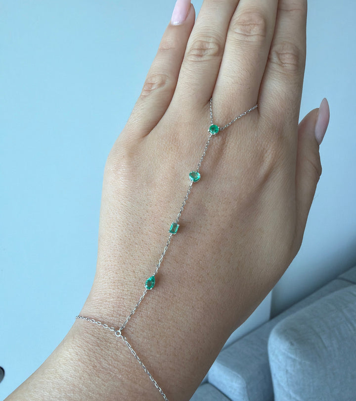 18K White Gold Emerald Multi Shape Hand Chain Bracelet
