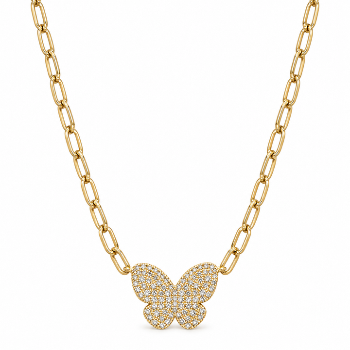 14K Yellow Gold Paper Clip and Diamond Butterfly Necklace