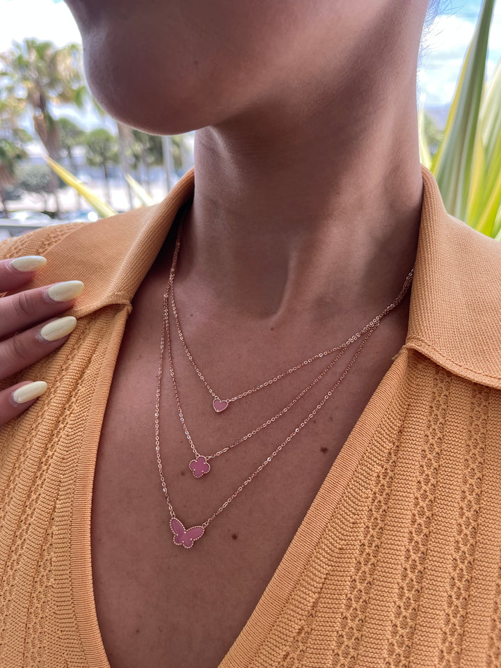14K Rose Gold Layers All Pink  Butterfly Trebol and Heart Necklace