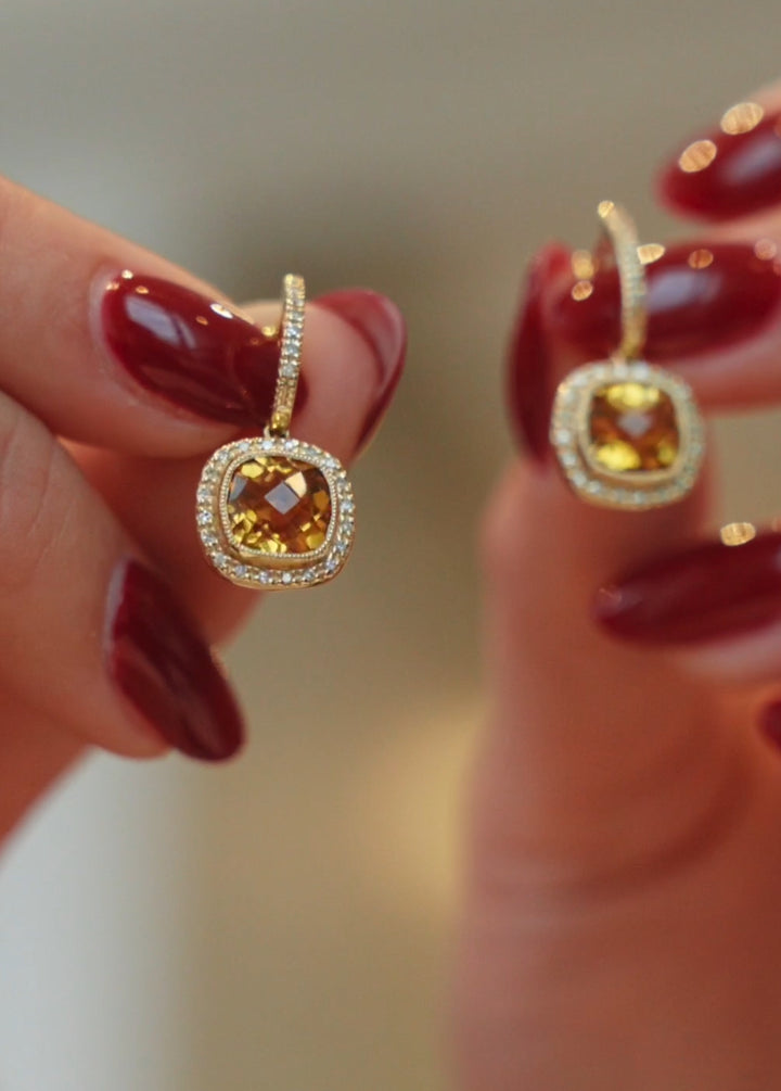 14K Square Citrine And Diamond Drop Earring