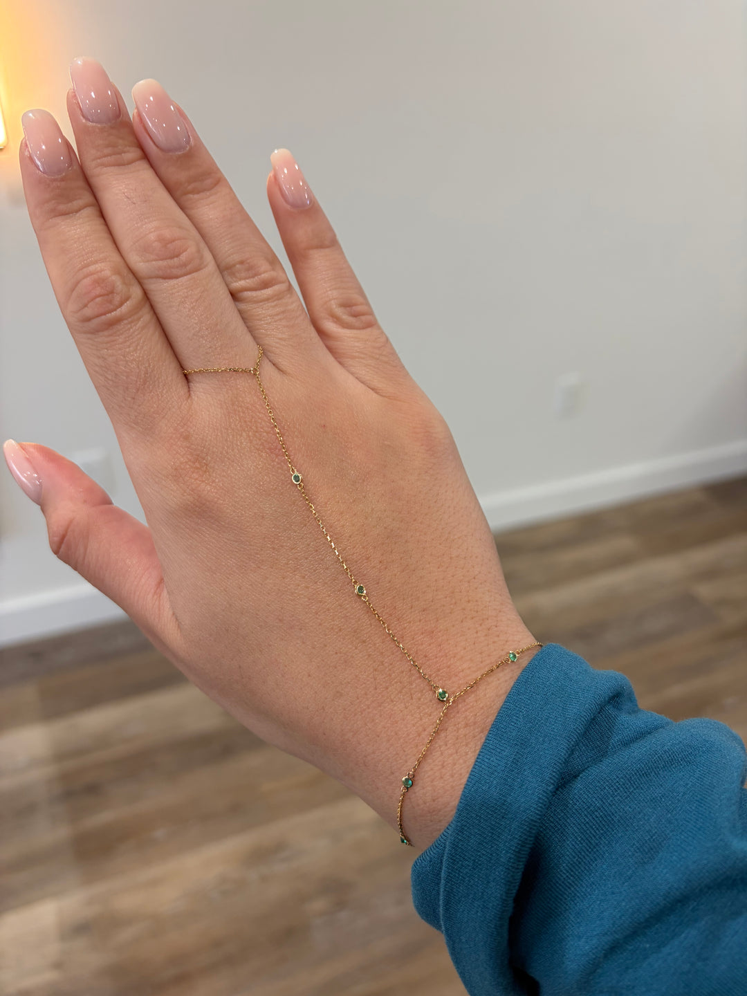 14K Yellow Gold Hand Chain Round Bezel Emerald Bracelet