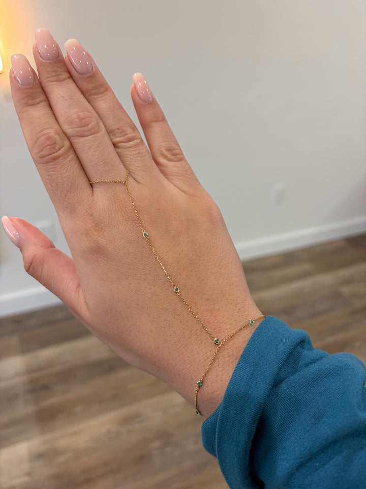 14K Yellow Gold Hand Chain Round Bezel Emerald Bracelet