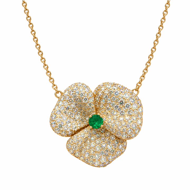 14K Yellow Gold Diamond and Emerald Fancy Flower Necklace
