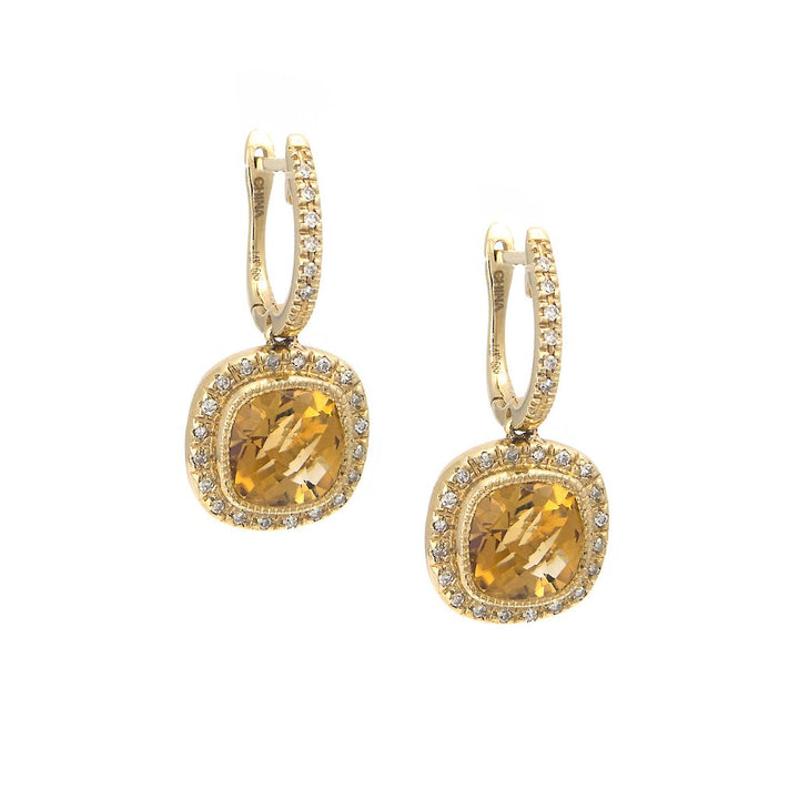 14K Square Citrine And Diamond Drop Earring