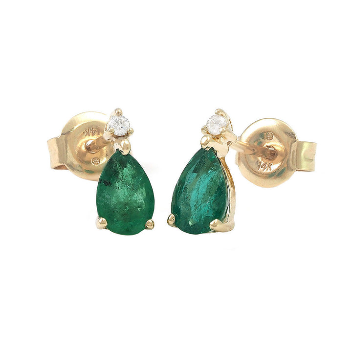 14K Classic Pear Prong Emerald And Diamond Earring