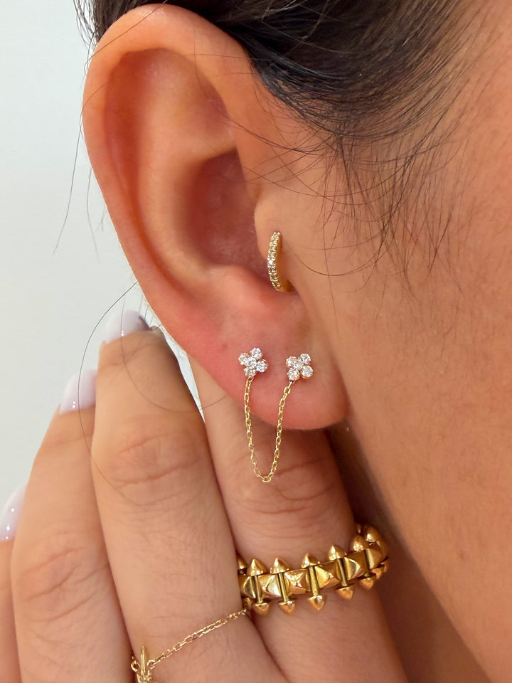 14K Yellow Gold CZ Flowers Connected with Chain Screwback Earrings