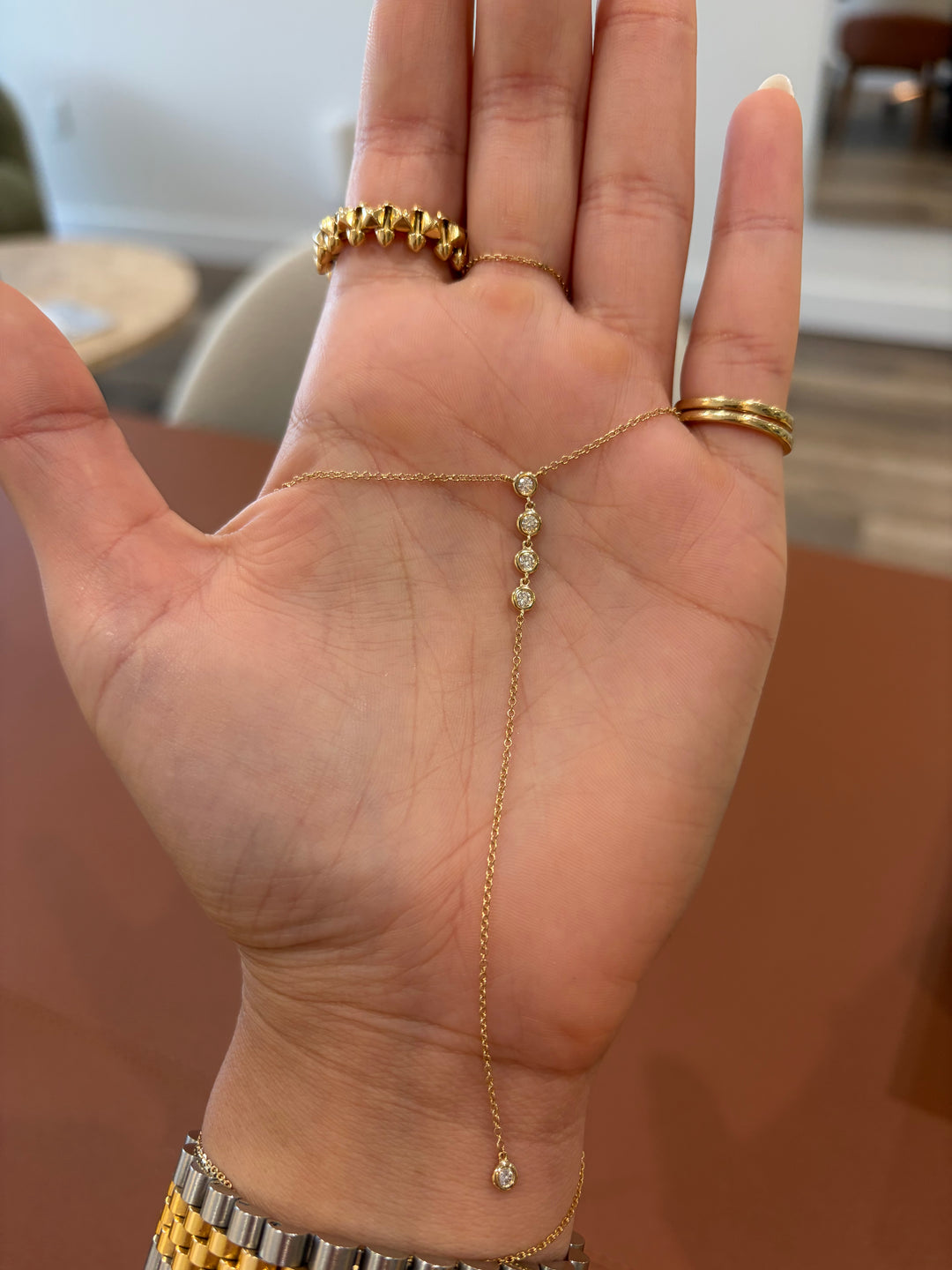 14K Yellow Gold Round Bezel Lariat Diamond Necklace