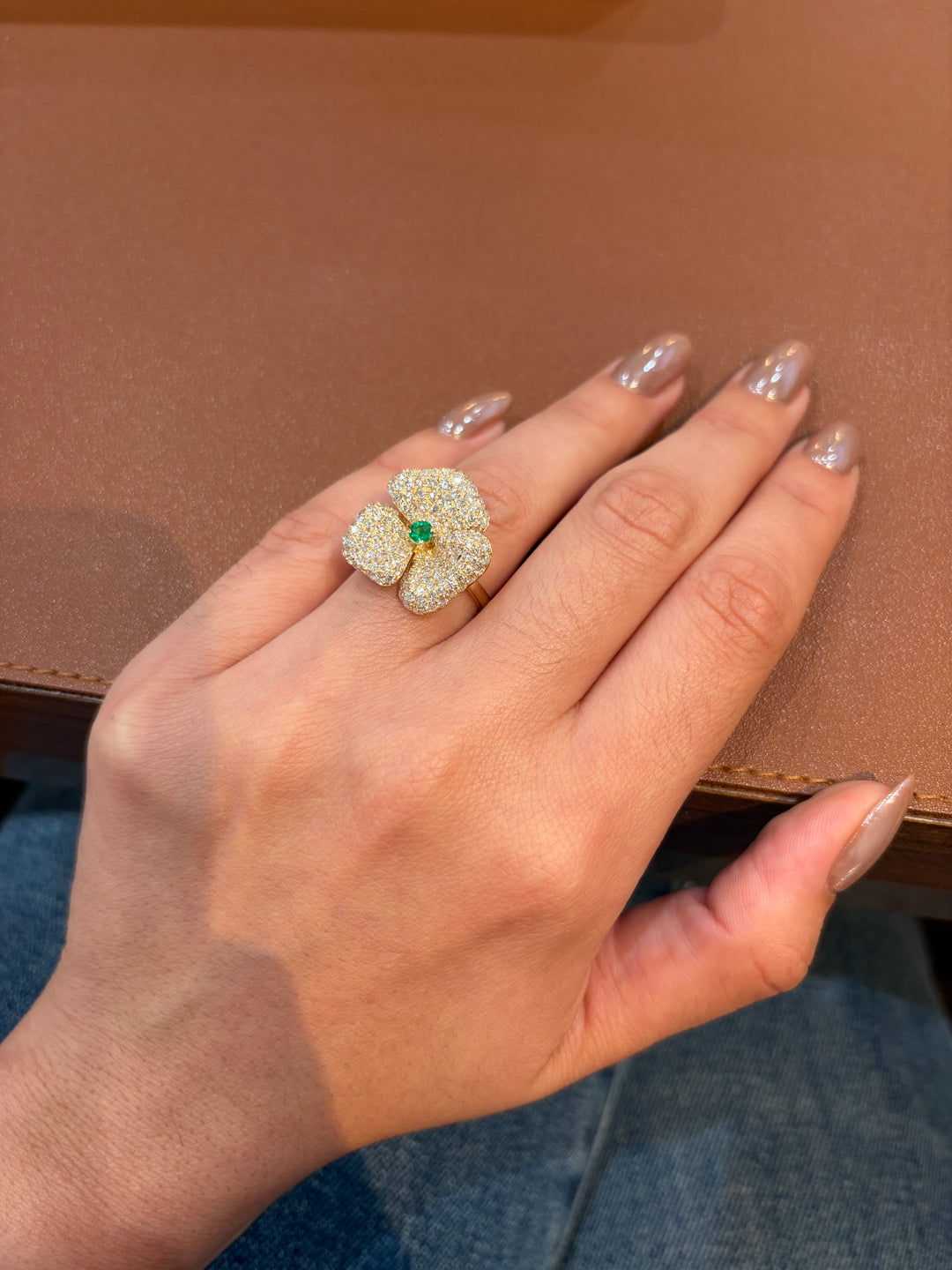 14K Yellow Gold Diamond and Emerald Fancy Flower Ring