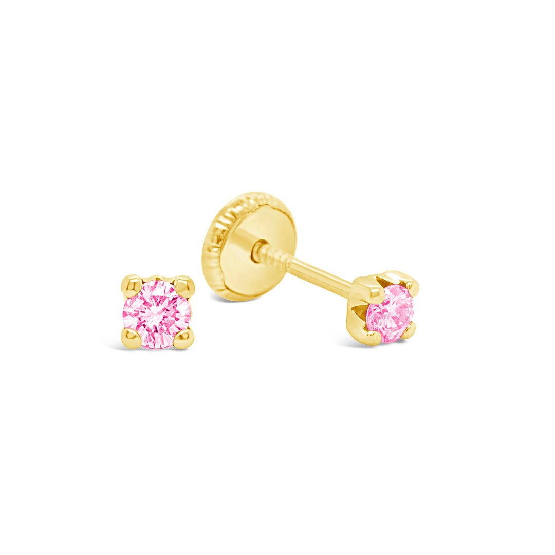 14K Yellow Gold 3.5MM Pink CZ Stud Screwback Earrings