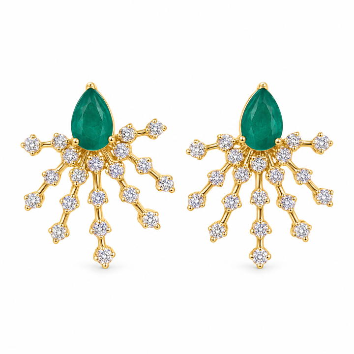 14K Yellow Gold Diamonds and Emeralds Fancy Earrings Pushbacks