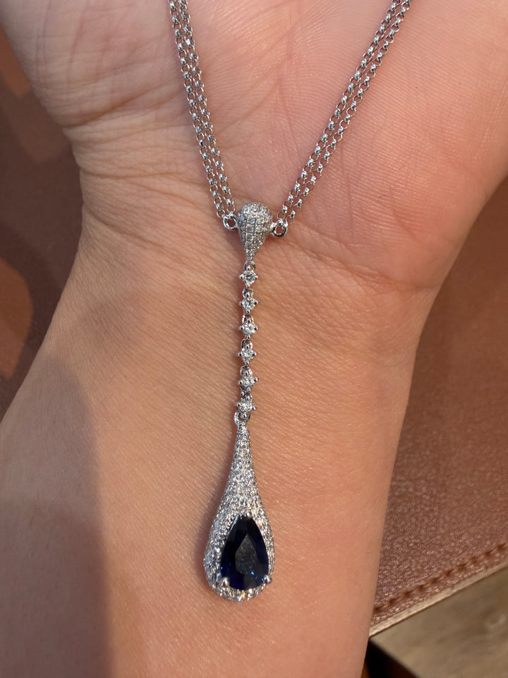 14K White Gold Fine Jewelry Diamonds and Sapphire Drop Necklace