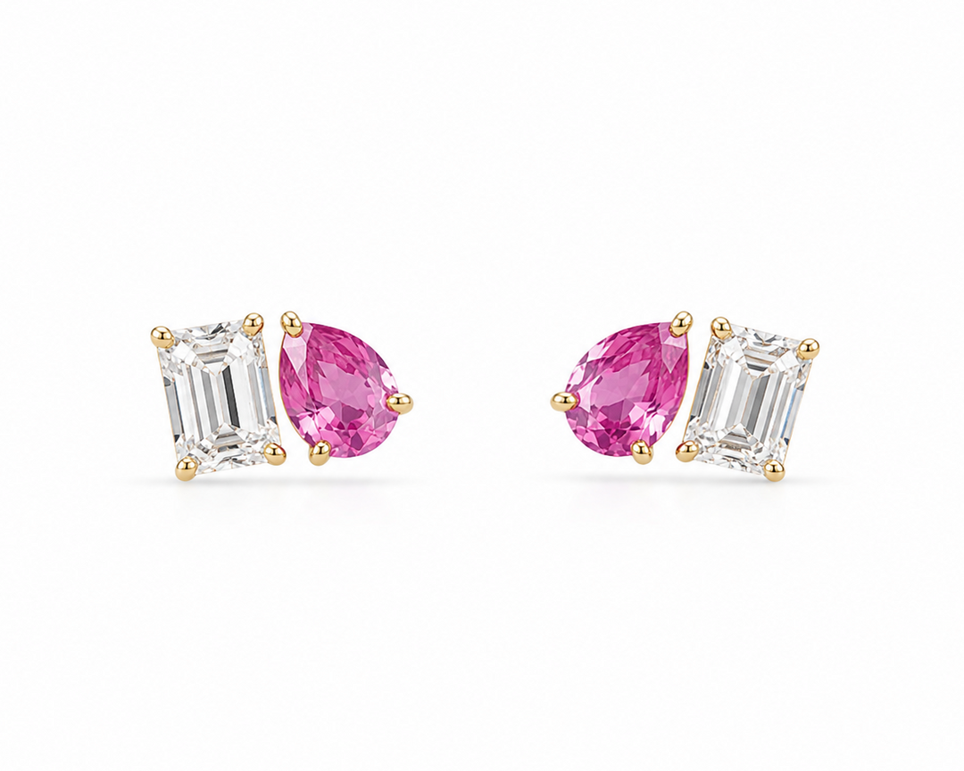14K Yellow Gold Lab Pink Sapphire Lab Diamond Earrings Pushbacks ( Toi et Moi )