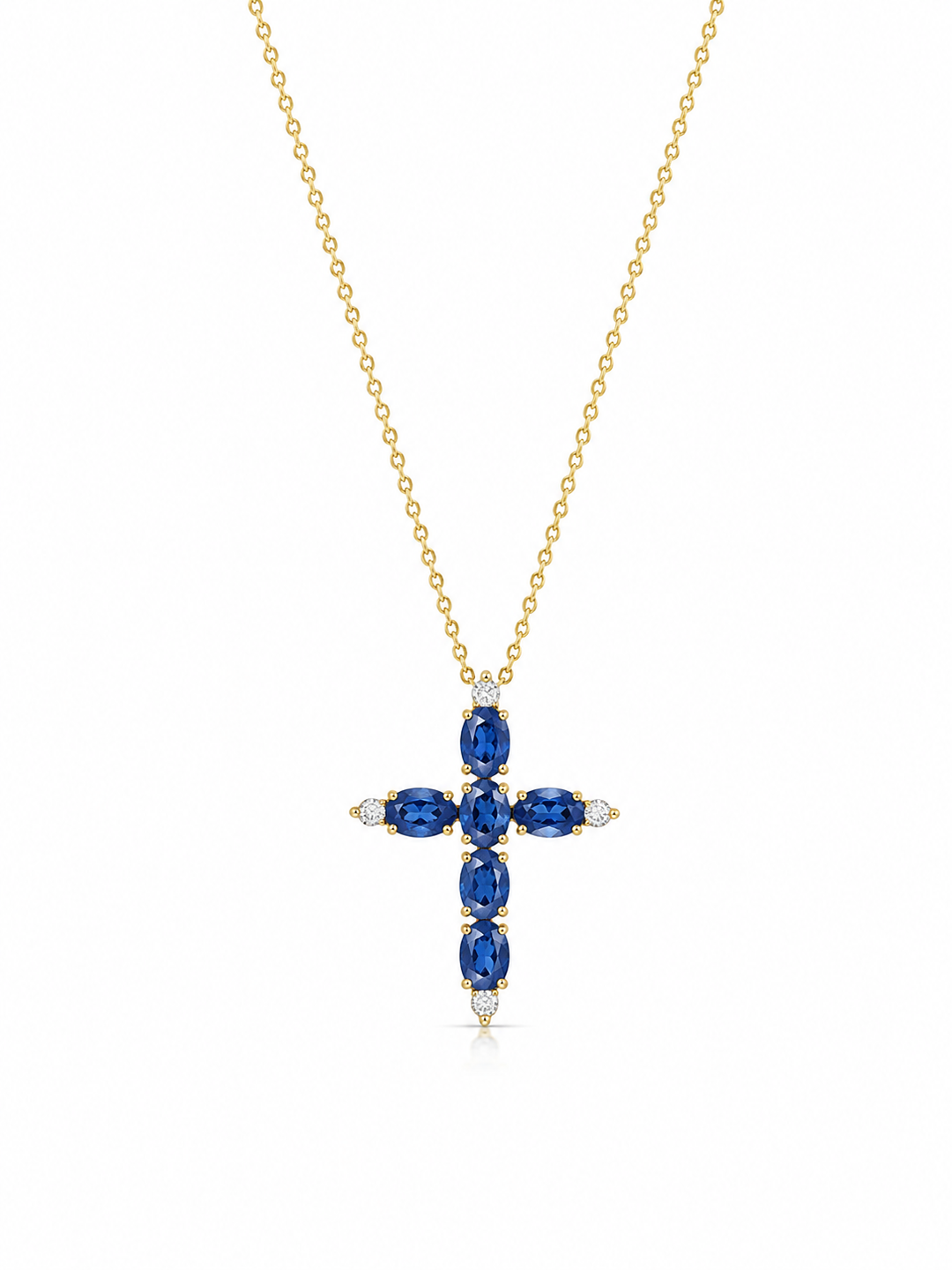 14K Yellow Gold Sapphire and Diamonds Cross Necklace