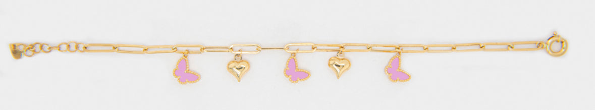 Paper clip colgantes pink mariposas y corazón Bracelet 14K