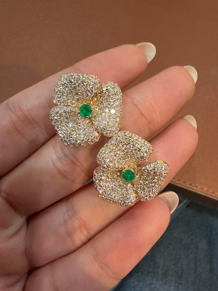 14K Yellow Gold Diamond and Emerald Fancy Flower Earrings Pushbacks