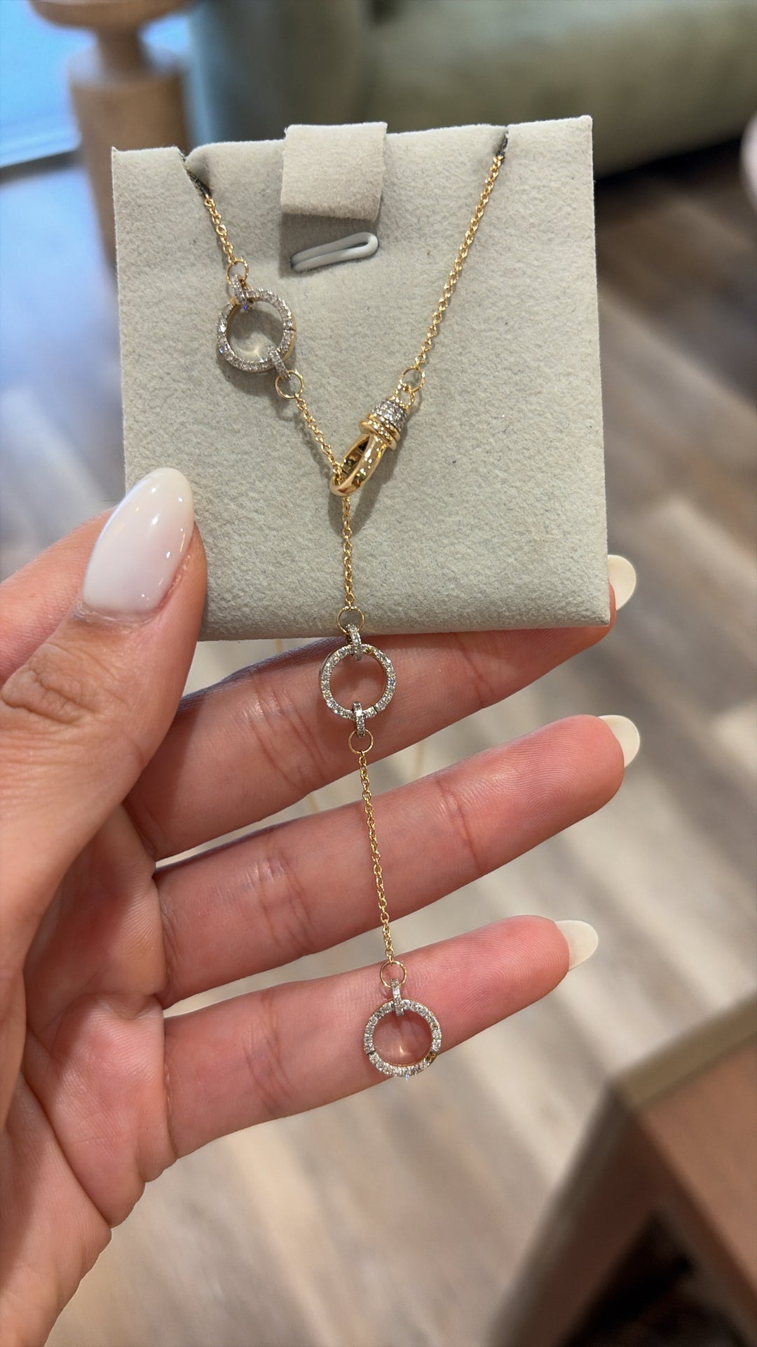 14K Yellow Gold and Diamonds Interlocking O-Ring Lariat Strand Necklace