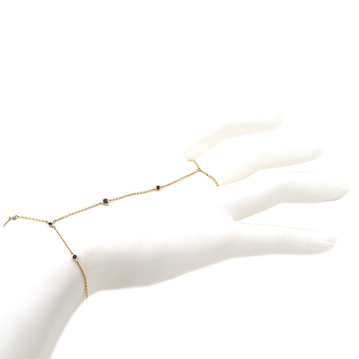 Yellow Gold Hand Chain Round Bezel Sapphire Bracelet