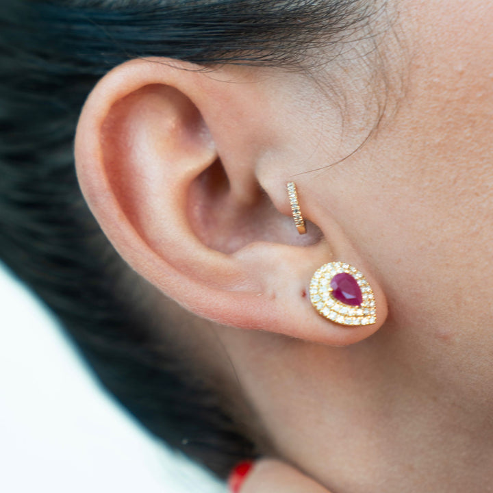 14K Pear Ruby yellow gold and diamonds Earrings pushbacks