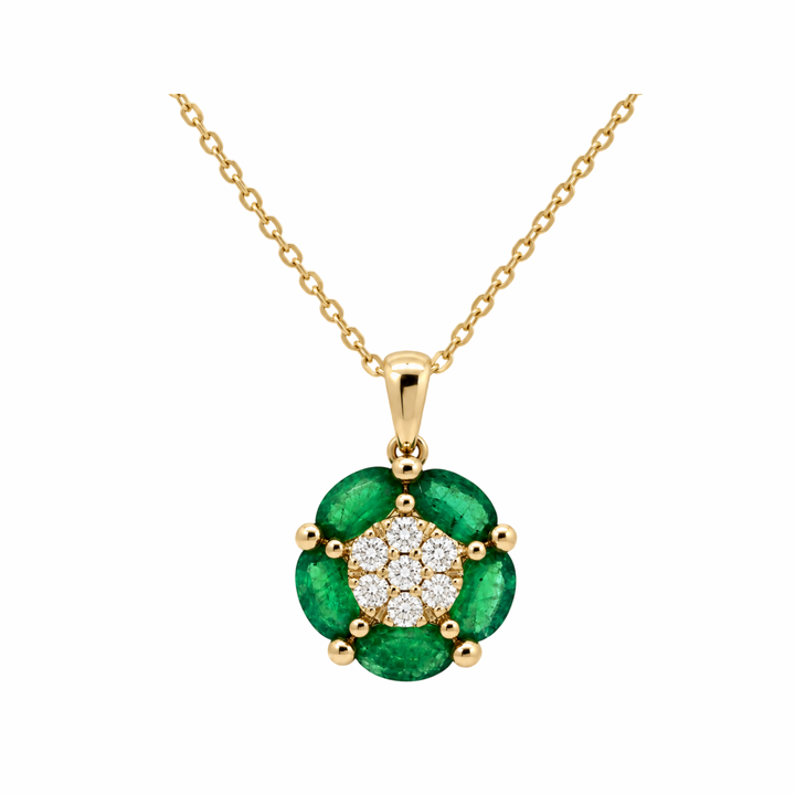 14K Yellow Gold Diamond and Oval Emerald Flower Necklace