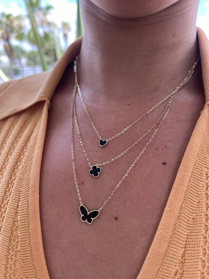 14K Layers All Black Butterfly Trebol and Heart Necklace