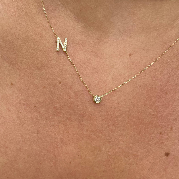 18K Yellow Gold Accent Bezel Diamond Initial Necklace