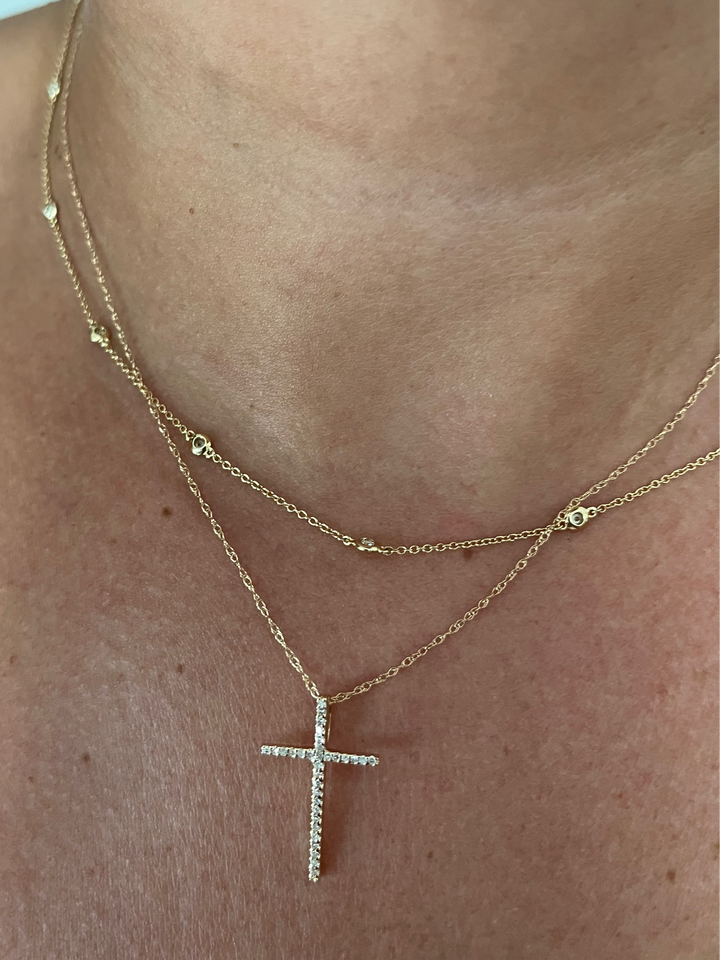 14K Gold Cross Single Prong Diamond Necklace