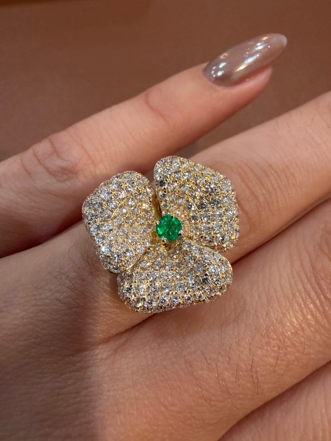 14K Yellow Gold Diamond and Emerald Fancy Flower Ring