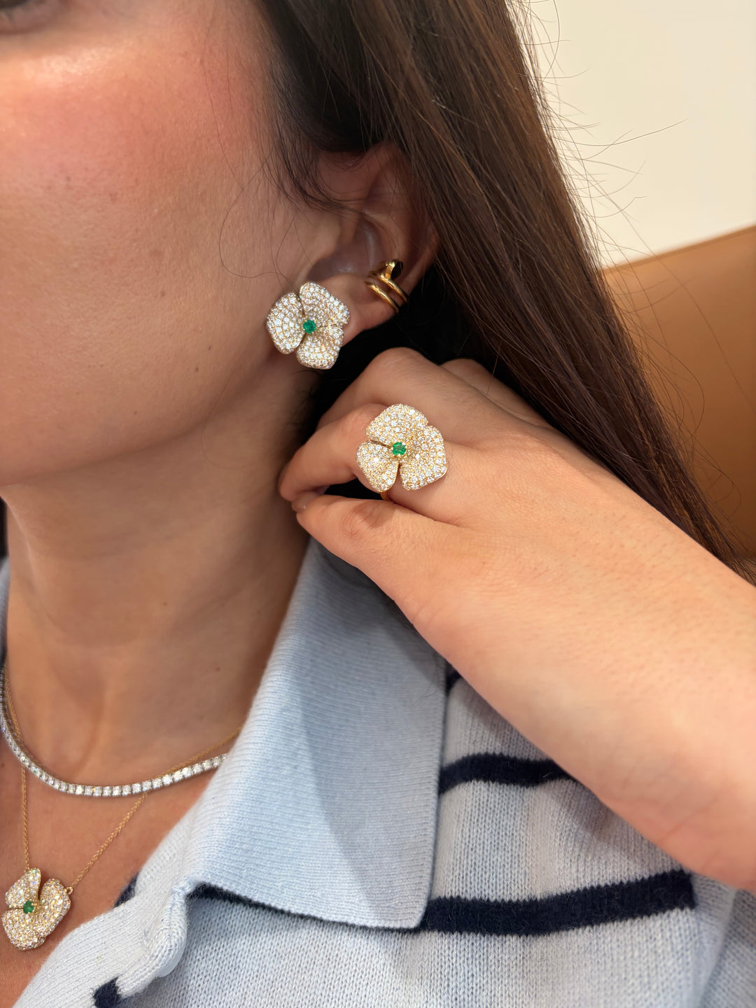 14K Yellow Gold Diamond and Emerald Fancy Flower Earrings Pushbacks