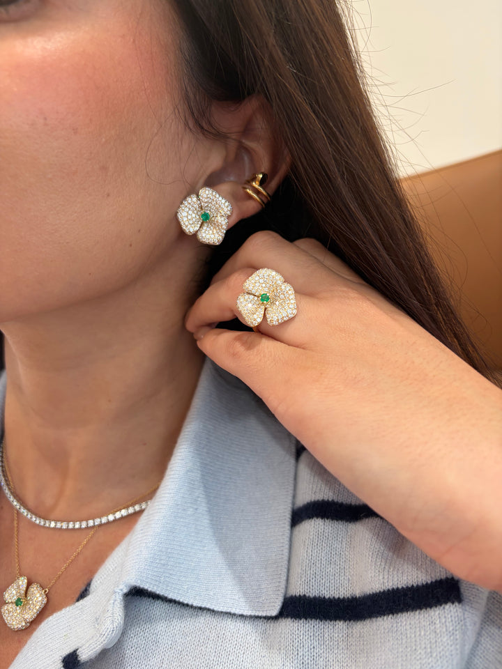 14K Yellow Gold Diamond and Emerald Fancy Flower Earrings Pushbacks