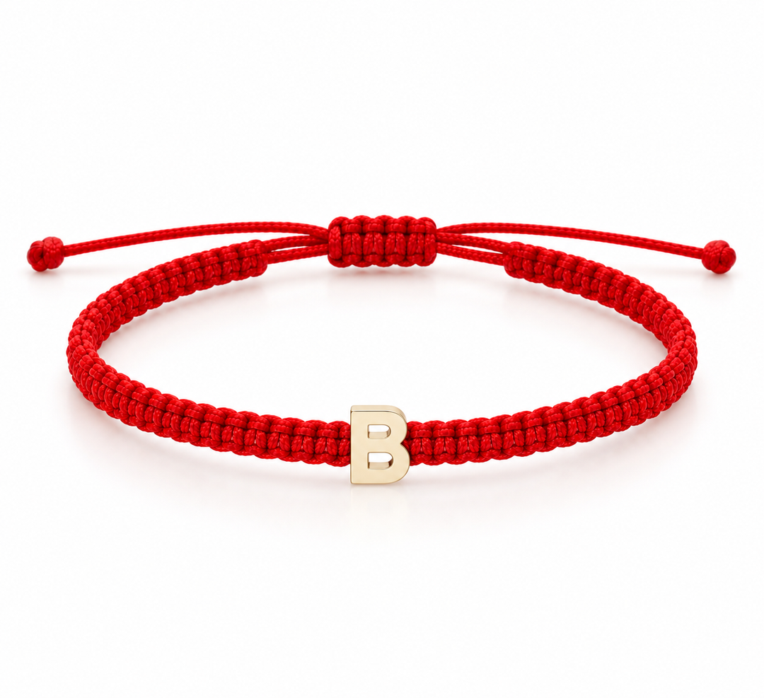 14K Yellow Gold Initial Letter 8mm Red Cord