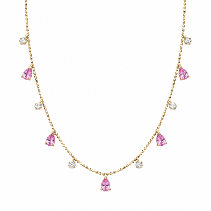 14K Yellow Gold Drops Pink Sapphires and Diamonds Balls Necklace